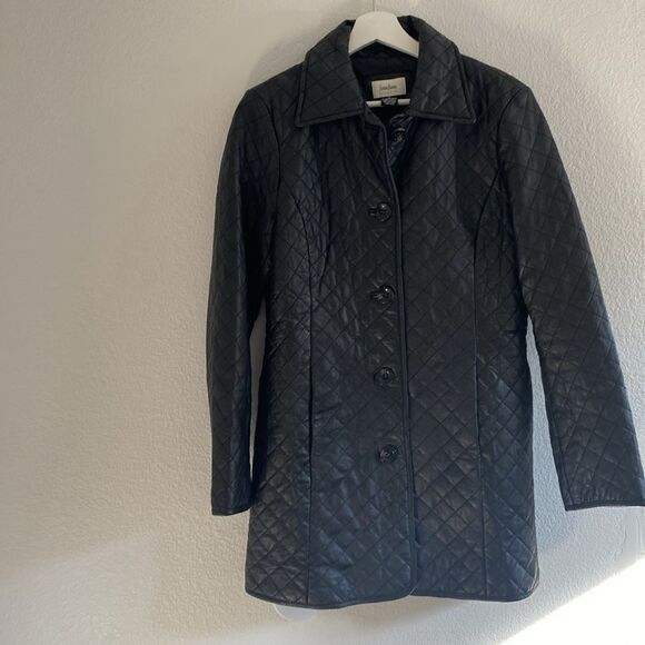 Neiman Marcus 100% Leather Quilted Button Front Collared Over Coat Medium - Picture 4 of 8